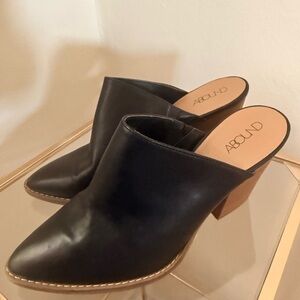 Abound Black Pointed-Toe Leather Mules with Stacked Heel
